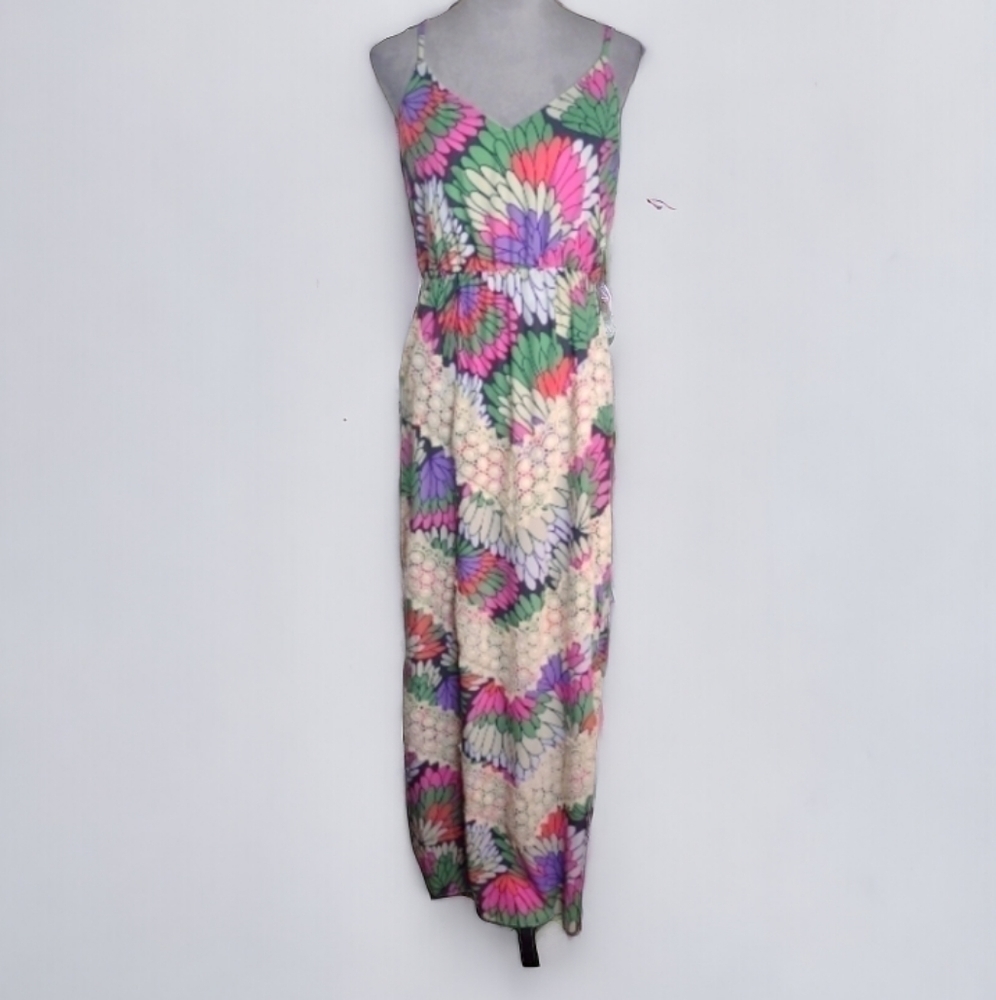 Judith March Floral Maxi Dress Size L Crochet Details Racer Back - Picture 2 of 7